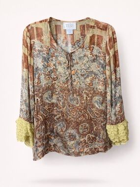 TESS 100% Silk Boho Blouse Lace Cuff Sheer Romantic Fairy Top Size L